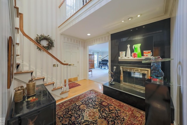 living room with crown molding