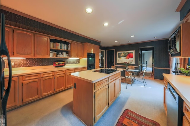 kitchen with tasteful backsplash, ornamental molding, light colored carpet, black appliances, and a center island