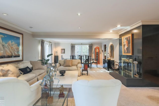 living room featuring crown molding