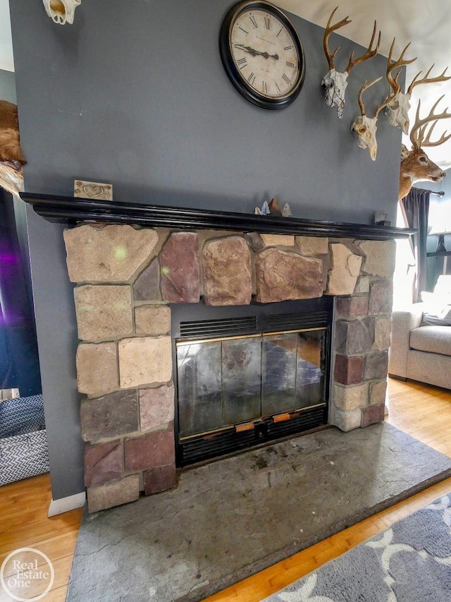 room details featuring a fireplace and hardwood / wood-style flooring