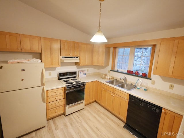 kitchen featuring lofted ceiling, white appliances, sink, light hardwood / wood-style flooring, and light brown cabinetry