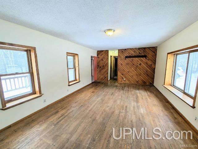 unfurnished room featuring a healthy amount of sunlight, a textured ceiling, wooden walls, and wood-type flooring