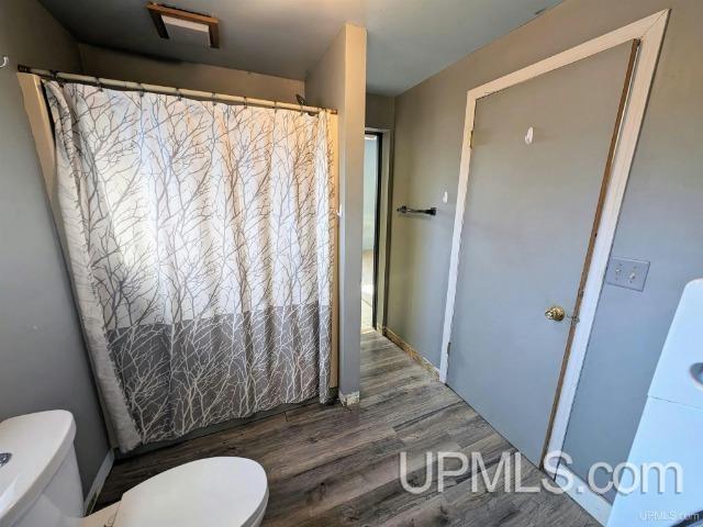 bathroom featuring a wealth of natural light, wood-type flooring, and toilet