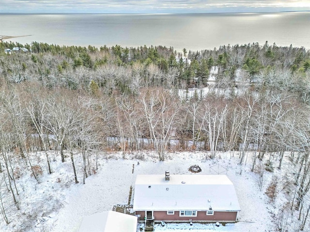 snowy aerial view featuring a water view