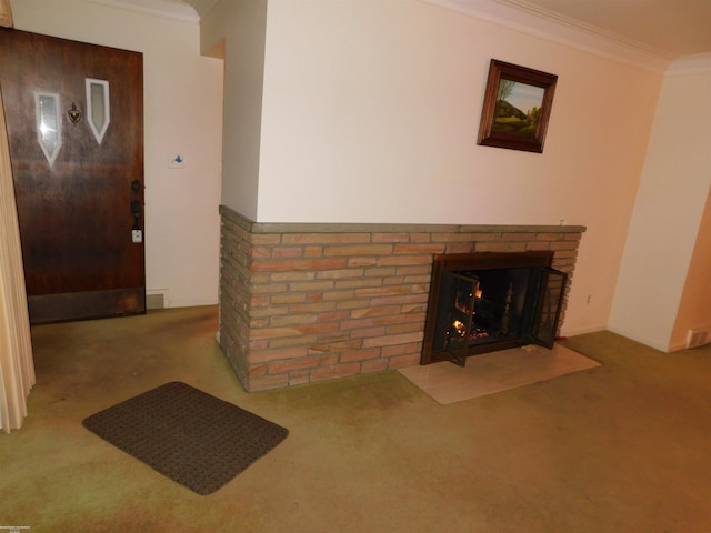 carpeted living room featuring ornamental molding and a fireplace