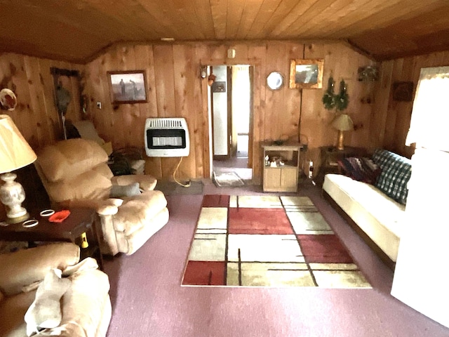 living room with heating unit, wooden walls, wood ceiling, and vaulted ceiling