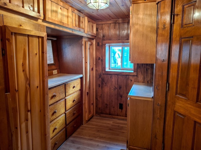 interior space with wooden walls, light hardwood / wood-style flooring, and wood ceiling