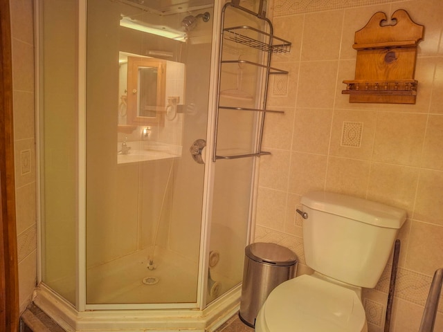 6741 Carpenter Rd, Harrison, MI 48625 - bathroom with a shower stall, toilet, and tile walls