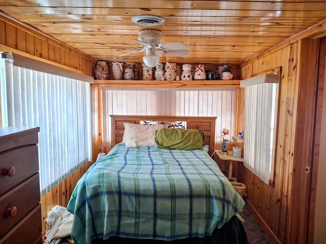 bedroom featuring ceiling fan, wood ceiling, and wood walls