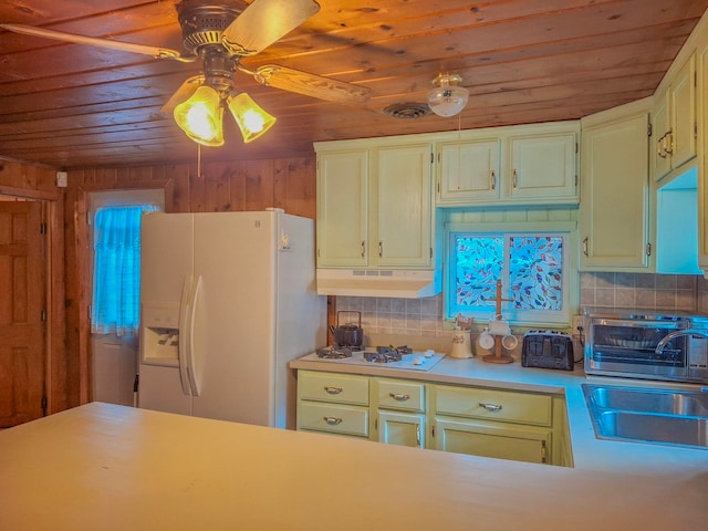 6741 Carpenter Rd, Harrison, MI 48625 - kitchen featuring wood ceiling, white appliances, under cabinet range hood, a sink, and tasteful backsplash