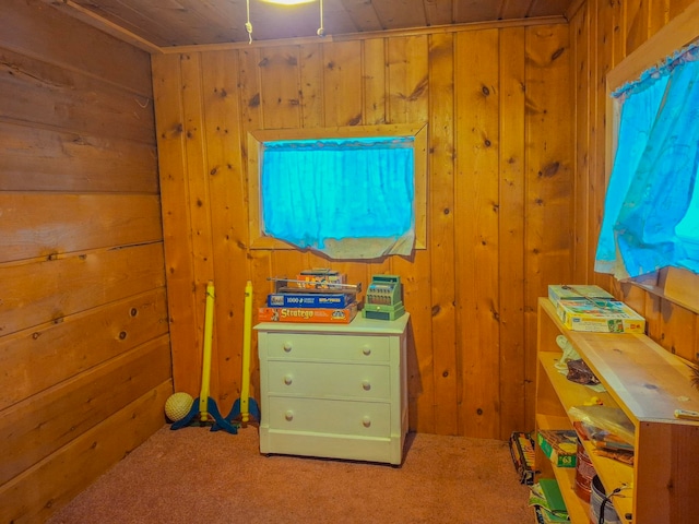 6741 Carpenter Rd, Harrison, MI 48625 - bedroom featuring carpet, wooden walls, and wooden ceiling