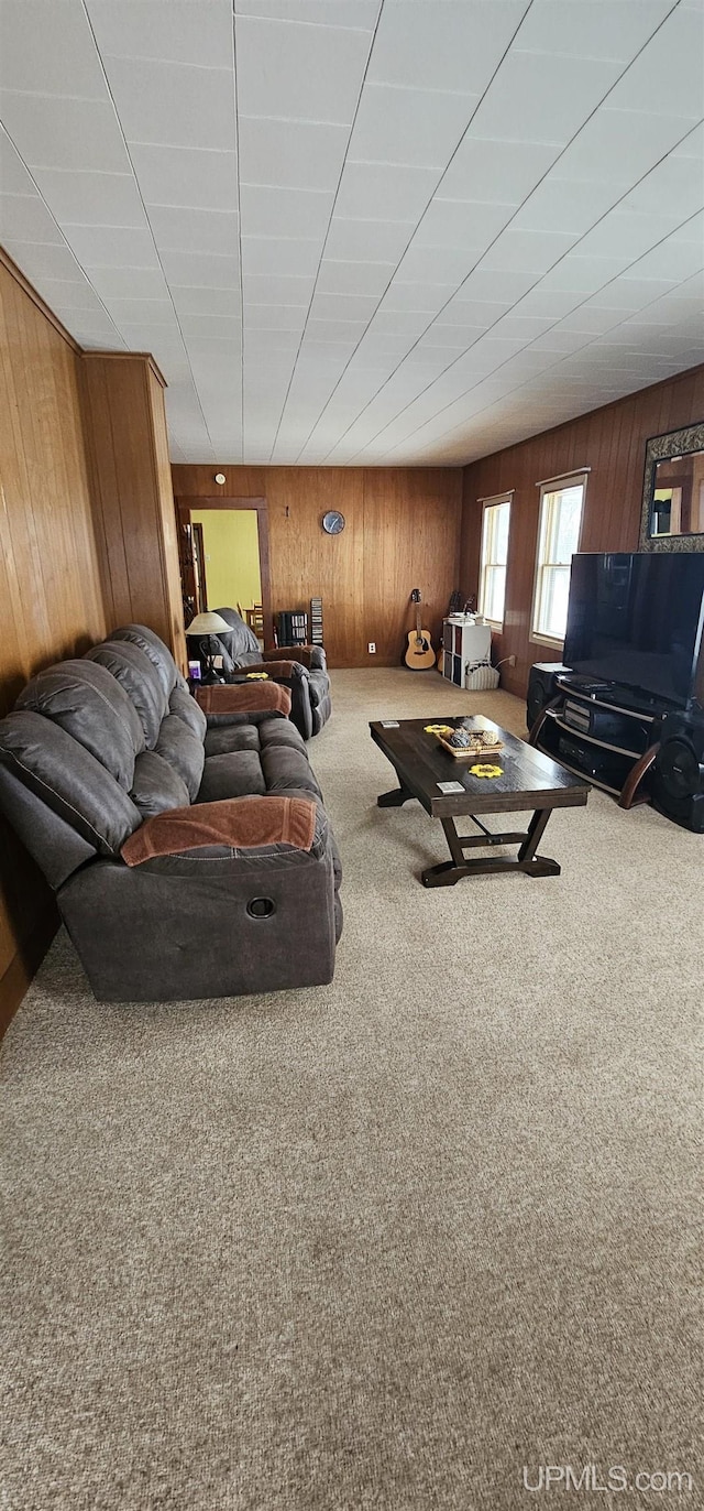 living room featuring carpet flooring and wood walls