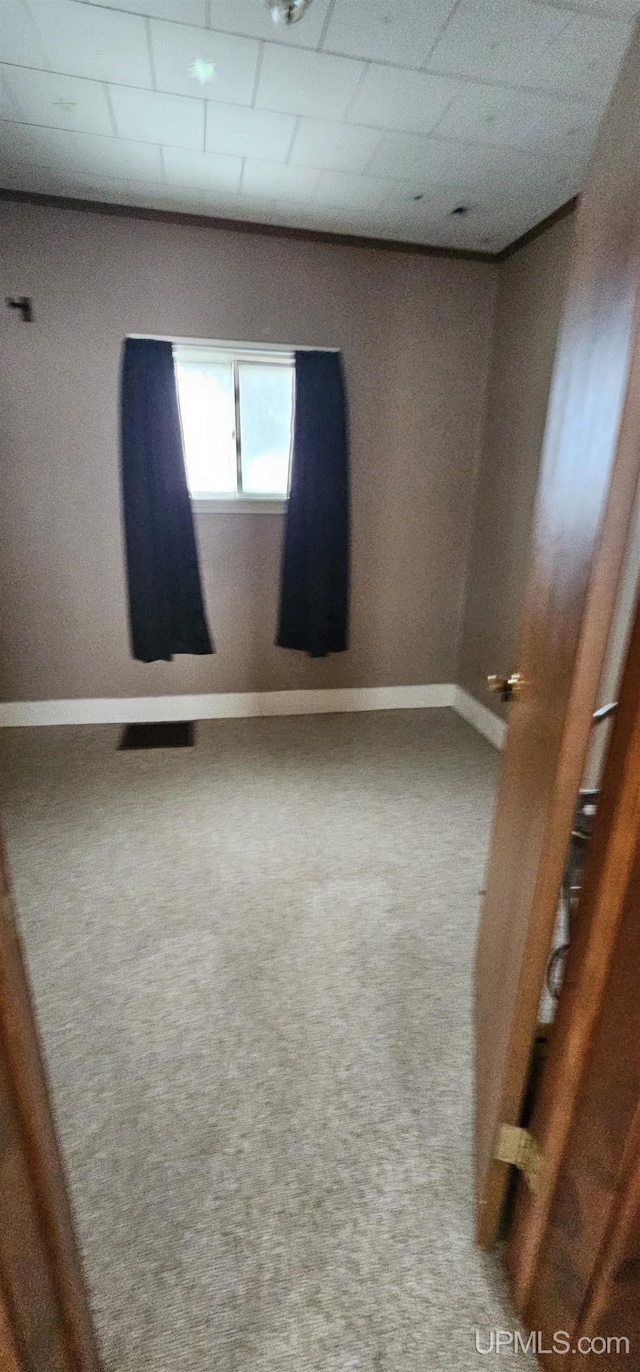 carpeted empty room featuring a paneled ceiling