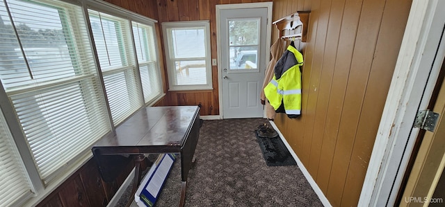 doorway featuring carpet flooring, plenty of natural light, and wooden walls