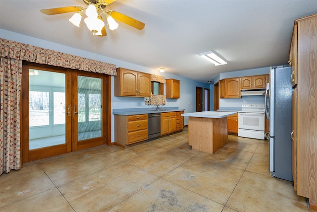 kitchen with french doors, white range with electric cooktop, stainless steel fridge, dishwashing machine, and a kitchen island