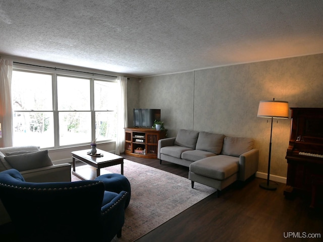 living room with a textured ceiling and dark wood-type flooring