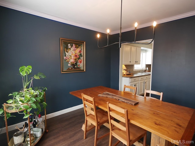 dining room featuring sink, crown molding, and dark wood-type flooring