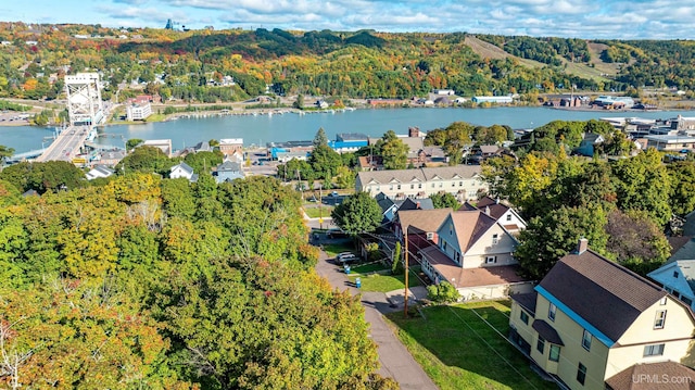 drone / aerial view featuring a water view