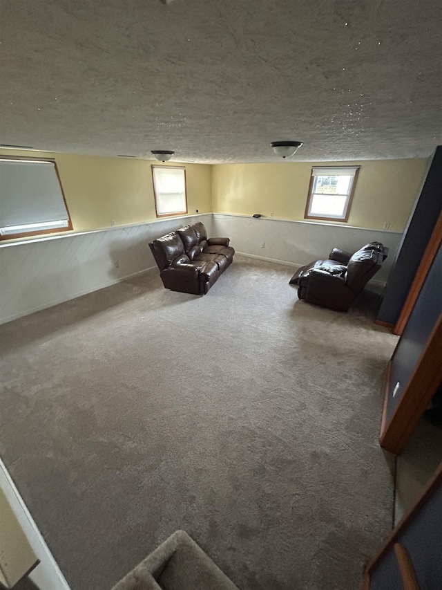 interior space with carpet flooring and a textured ceiling