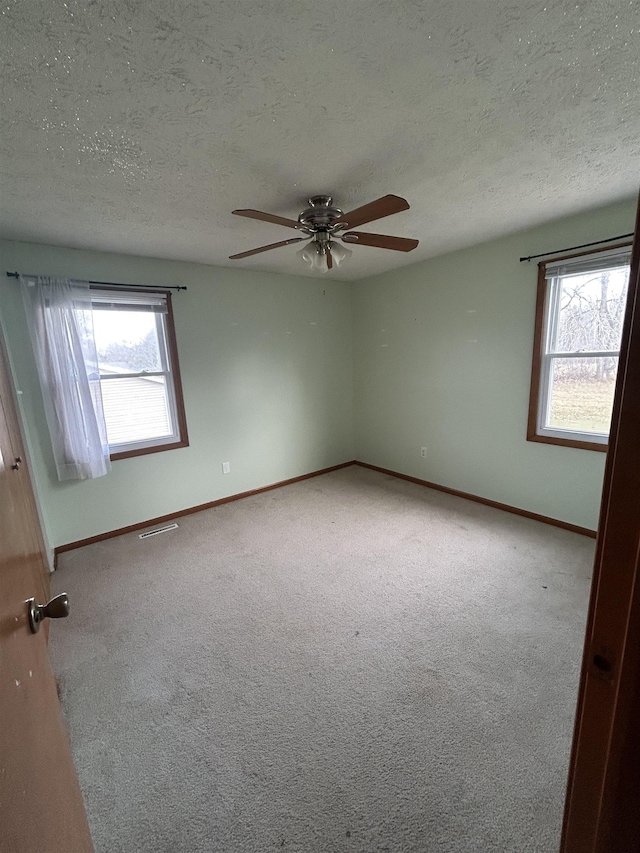 empty room with a healthy amount of sunlight, light colored carpet, and a textured ceiling