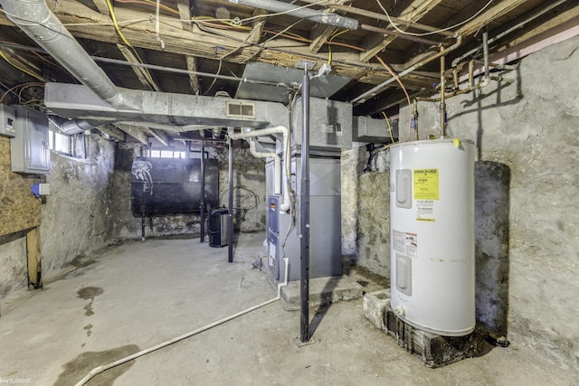 basement with heating unit and water heater