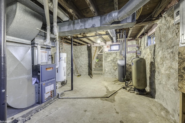 basement with heating unit and water heater