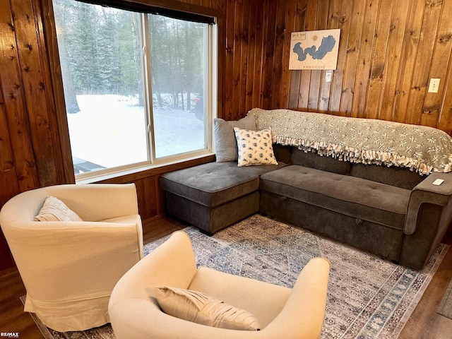 living room featuring wood walls and wood-type flooring