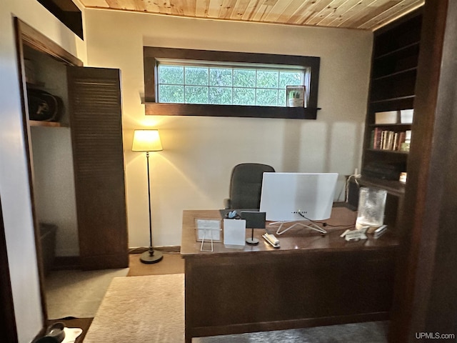 office area with wood ceiling