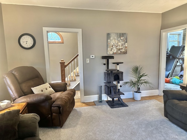 living room featuring light wood-type flooring, a wealth of natural light, and ornamental molding