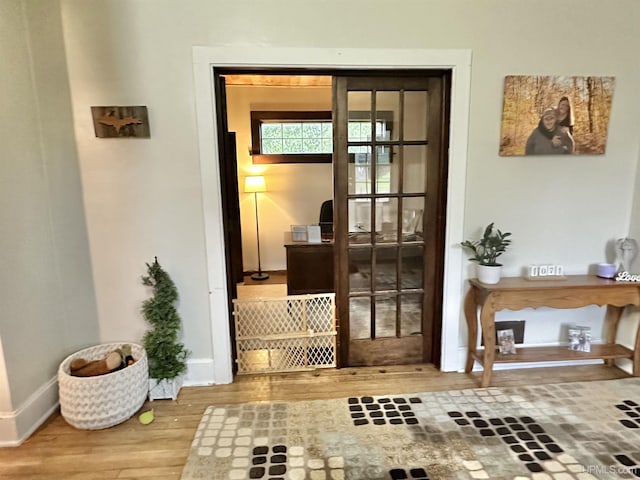 doorway with hardwood / wood-style flooring