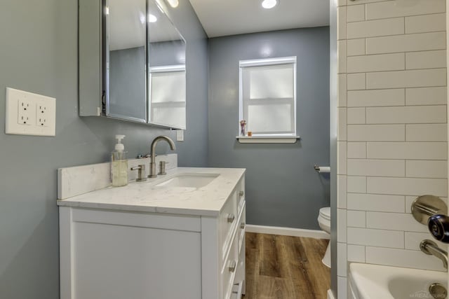 bathroom featuring vanity, toilet, and wood-type flooring