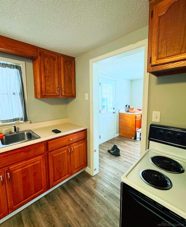 kitchen with electric range oven, dark wood-type flooring, sink, and a textured ceiling