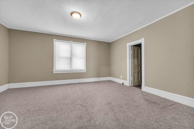 carpeted spare room with a textured ceiling and crown molding