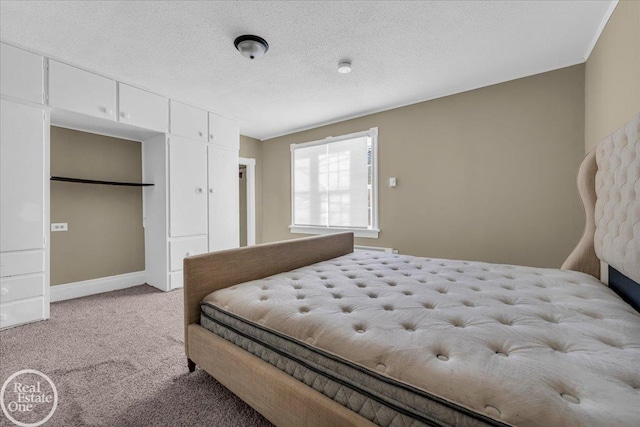 carpeted bedroom with a textured ceiling