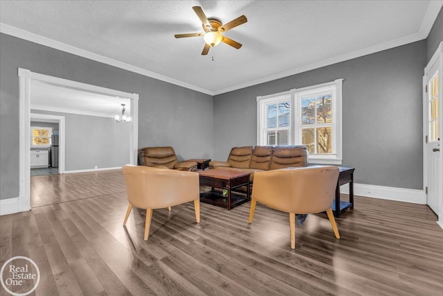 living room featuring hardwood / wood-style floors, ceiling fan with notable chandelier, a textured ceiling, and ornamental molding