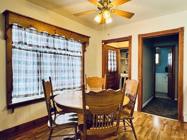 dining space with hardwood / wood-style floors and ceiling fan