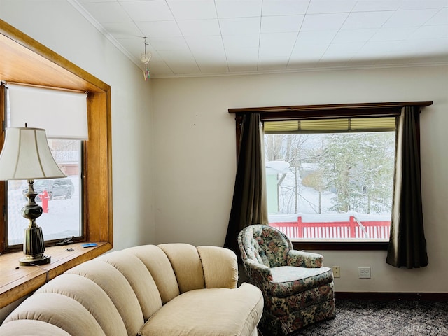 living area with dark colored carpet, plenty of natural light, and ornamental molding