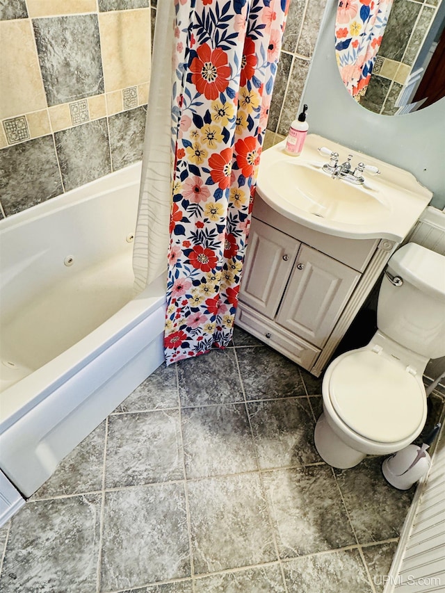 full bathroom with vanity, toilet, and shower / bathtub combination with curtain