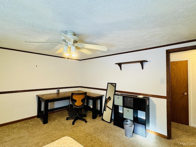 carpeted office featuring ceiling fan, ornamental molding, and a textured ceiling