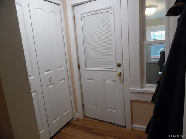 doorway with dark hardwood / wood-style flooring