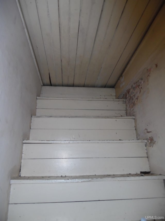 stairway with wood ceiling