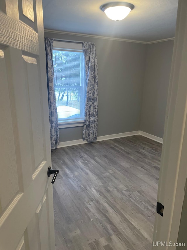 spare room with hardwood / wood-style flooring and crown molding