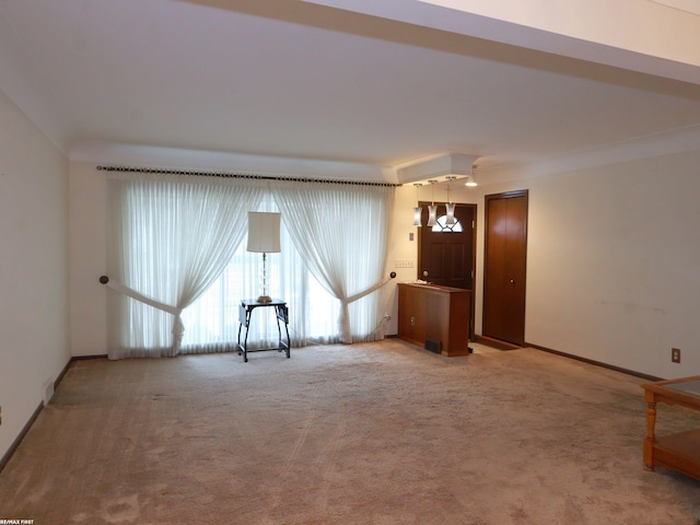 interior space featuring light colored carpet