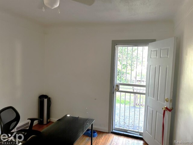 entryway featuring ceiling fan and hardwood / wood-style floors