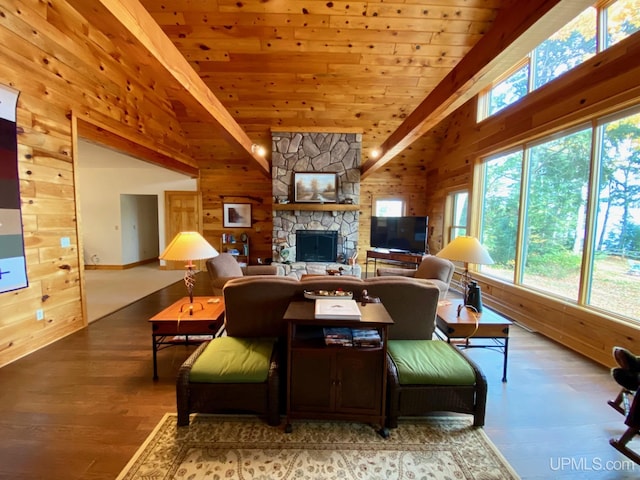 living room with a stone fireplace, lofted ceiling with beams, wood-type flooring, wooden walls, and wood ceiling