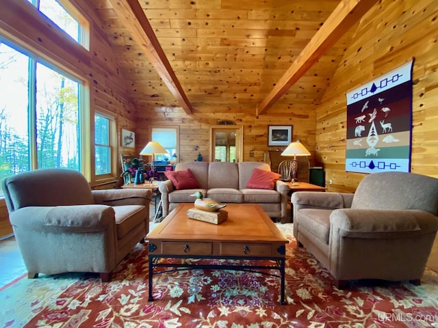 living room with lofted ceiling with beams, wood walls, and wooden ceiling