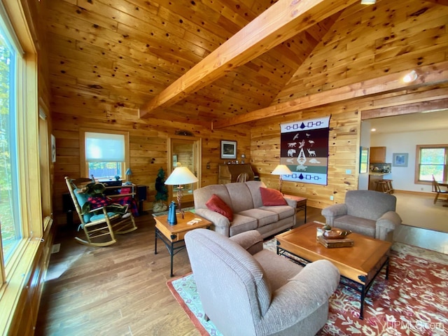 living room featuring hardwood / wood-style floors, wooden ceiling, high vaulted ceiling, wooden walls, and beam ceiling