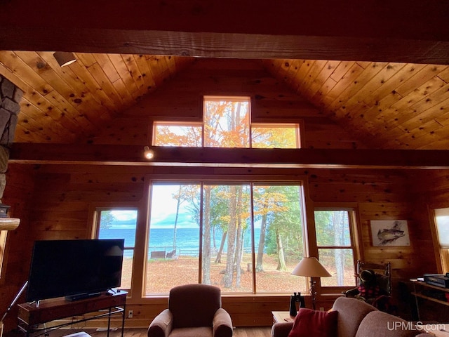 living room with wood walls, hardwood / wood-style floors, wood ceiling, and lofted ceiling