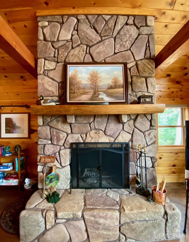 details featuring beam ceiling, a stone fireplace, wood walls, and wooden ceiling