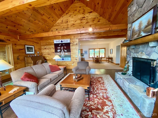 N10006 Shore Dr, Au Train, MI 49806 - details featuring beam ceiling, a stone fireplace, wood walls, and wooden ceiling